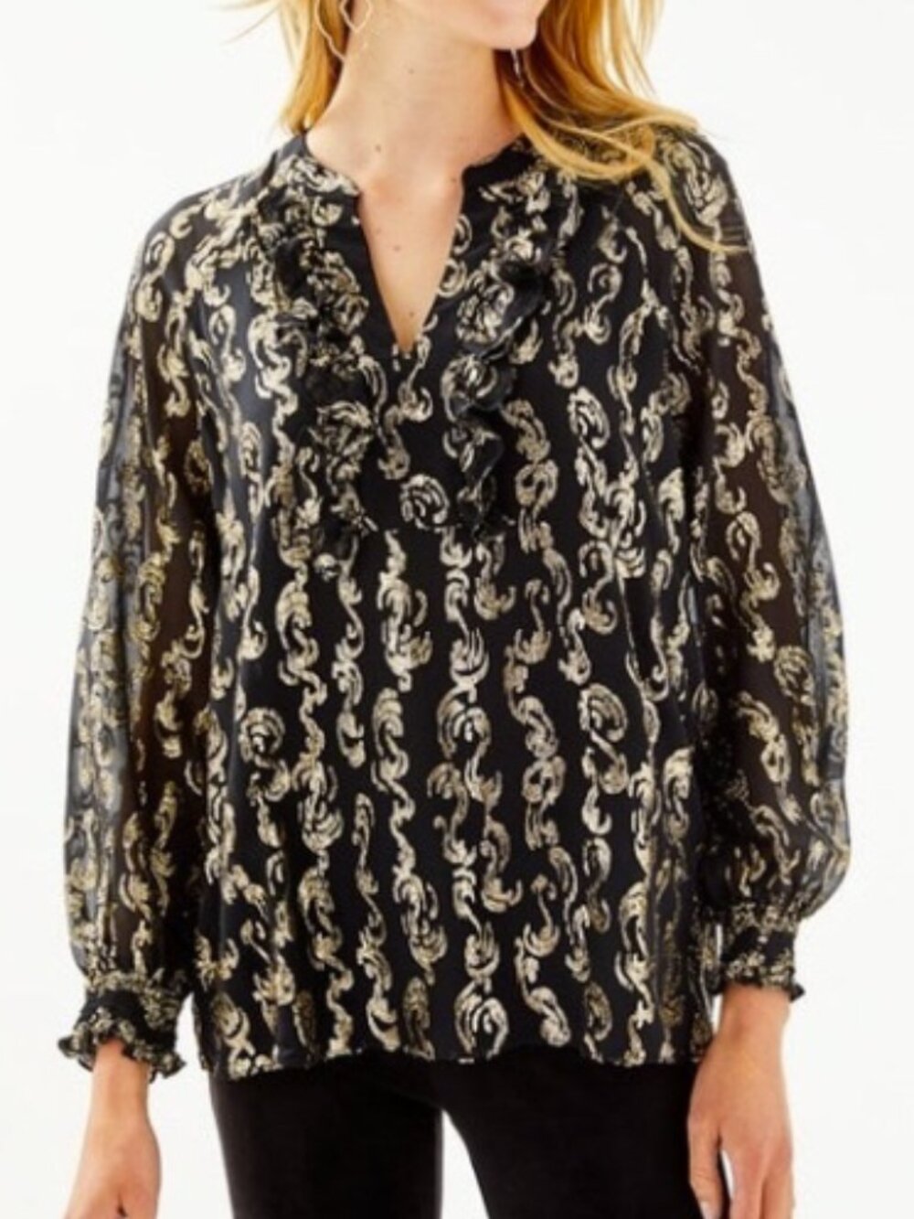 New Lilly Pulitzer Black Blouse with Gold Metallic Swirl